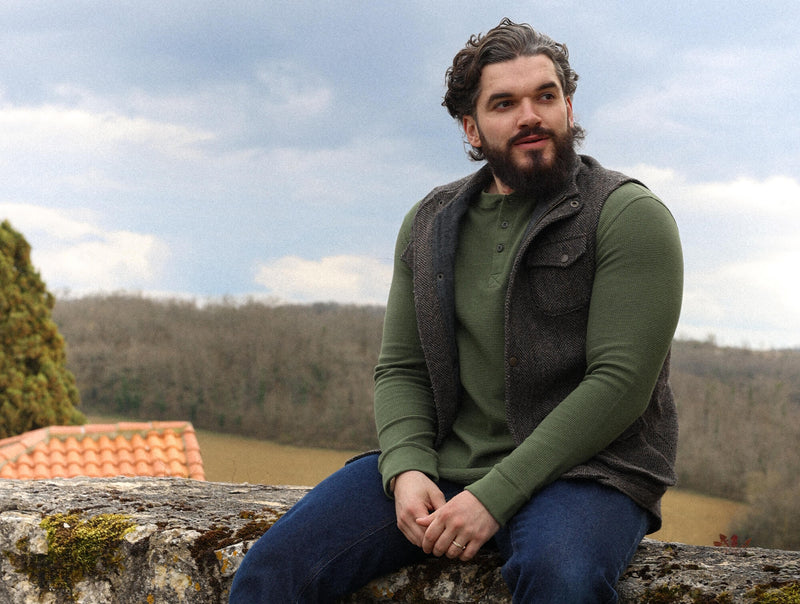 Pétrone Henley cormac manches longues coton bio Tencel vert kaki homme
