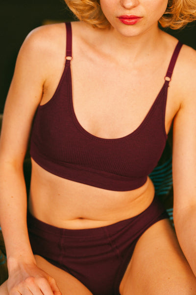 Pétrone brassière femme côtelée confortable coton biologique tencel lyocell Bordeaux