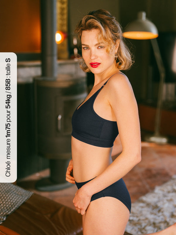 Pétrone brassière femme côtelée confortable coton biologique tencel lyocell bleu marine