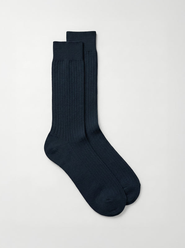 Pétrone chaussettes côtelées mi-mollet en fil d'Ecosse italien bleu marine hommes