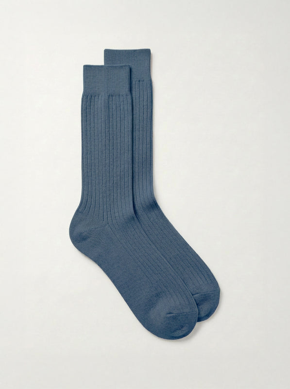 Pétrone chaussettes côtelées mi-mollet en fil d'Ecosse italien bleu céruléen hommes
