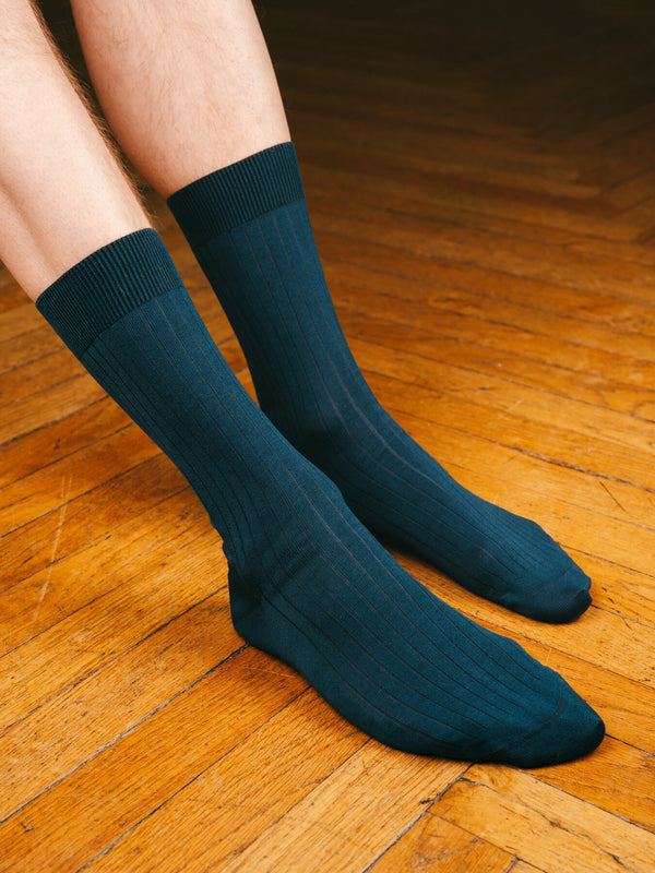 Pétrone chaussettes côtelées mi-mollet en fil d'Ecosse italien bleu acier hommes