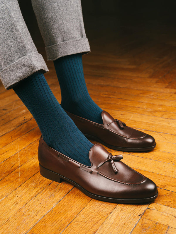Pétrone chaussettes côtelées mi-mollet en fil d'Ecosse italien bleu acier hommes