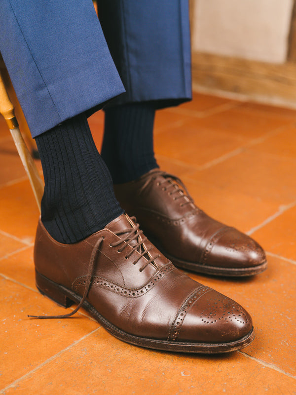 Pétrone chaussettes côtelées mi-mollet en fil d'Ecosse italien bleu marine hommes