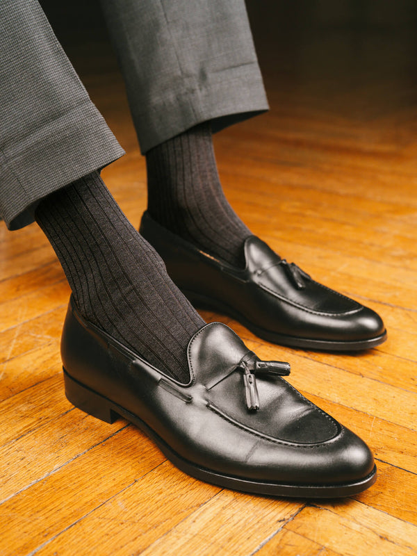Pétrone chaussettes côtelées mi-mollet en fil d'Ecosse italien gris hommes