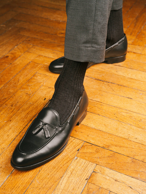 Pétrone chaussettes côtelées mi-mollet en fil d'Ecosse italien gris hommes