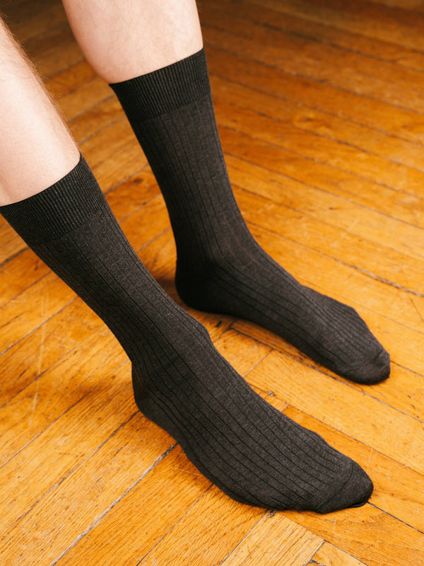 Pétrone chaussettes côtelées mi-mollet en fil d'Ecosse italien gris hommes