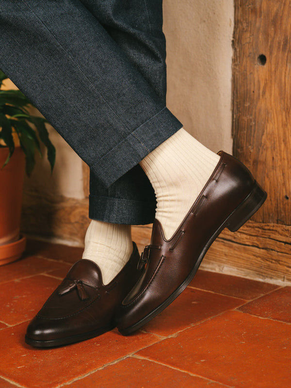 Pétrone chaussettes côtelées mi-mollet en fil d'Ecosse italien ivoire hommes