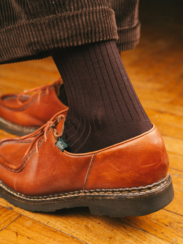 Pétrone chaussettes côtelées mi-mollet en fil d'Ecosse italien marron foncé hommes