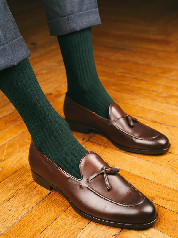 Pétrone chaussettes côtelées mi-mollet en fil d'Ecosse italien vert bouteille hommes