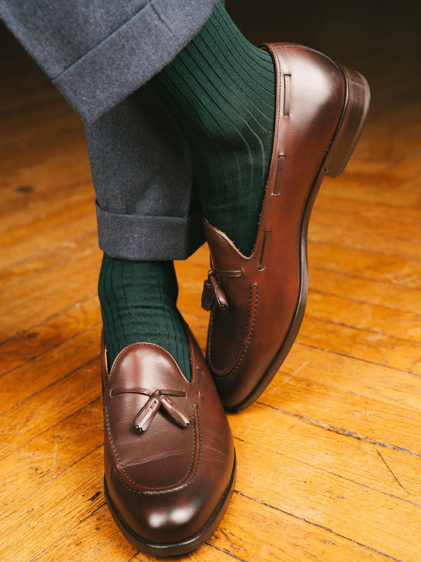 Pétrone chaussettes côtelées mi-mollet en fil d'Ecosse italien vert bouteille hommes