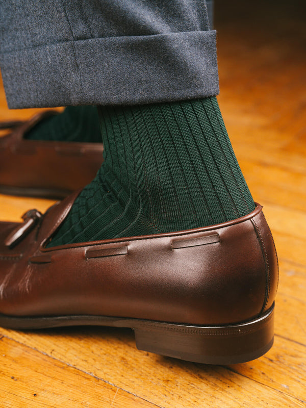 Pétrone chaussettes côtelées mi-mollet en fil d'Ecosse italien vert bouteille hommes