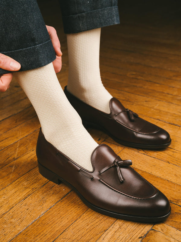 Pétrone chaussettes nid d'abeille fil d'Ecosse ivoire homme