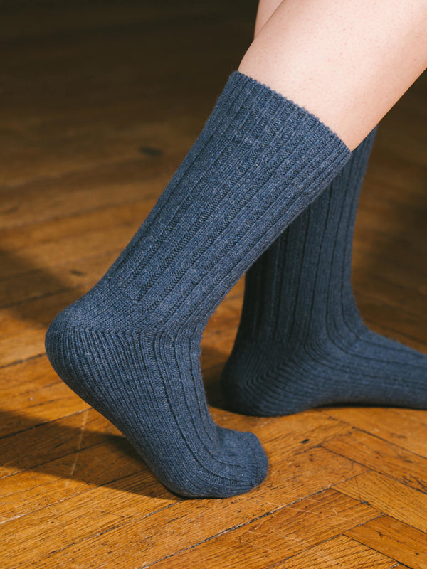 Pétrone chaussettes chaudes côtelées laine mérinos bleu jeans femme