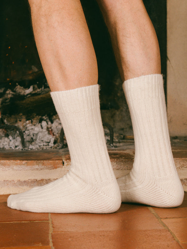Pétrone chaussettes chaudes côtelées laine mérinos blanc crème homme