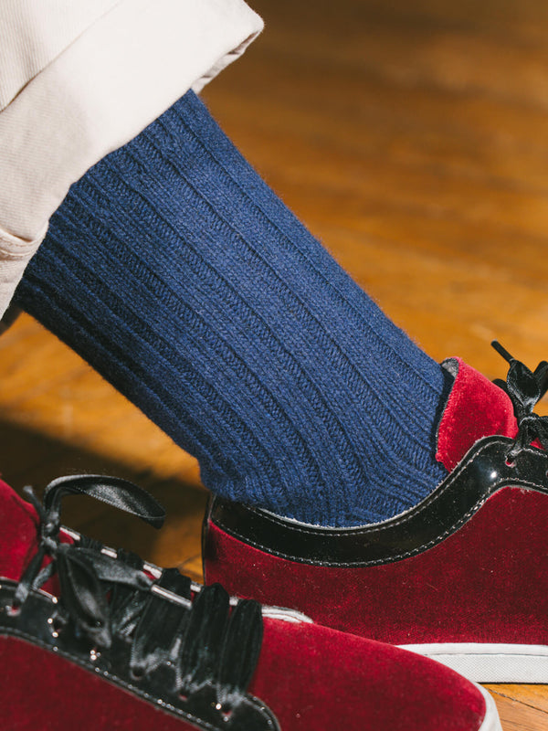 Pétrone chaussettes chaudes côtelées laine mérinos bleu marine femme