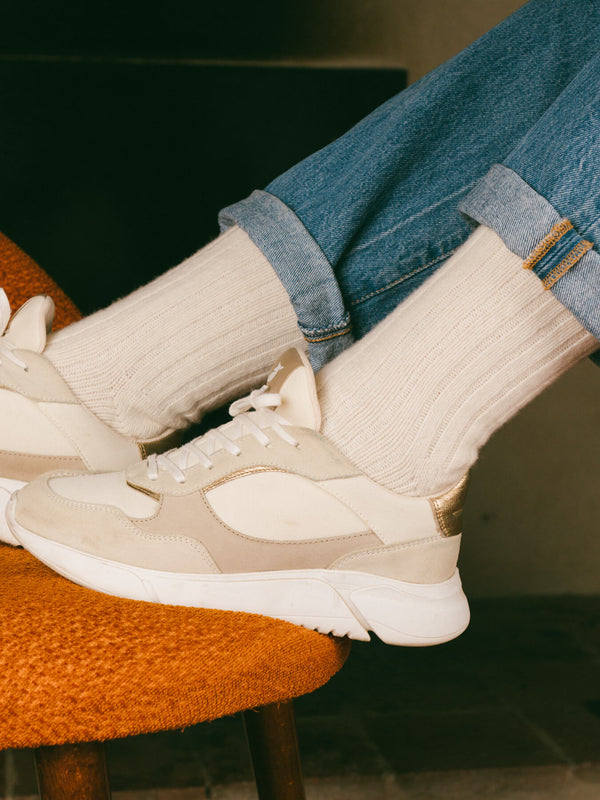 Pétrone chaussettes chaudes côtelées laine mérinos blanc crème femme