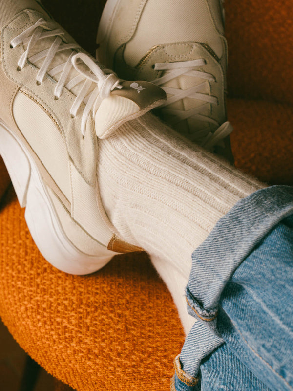 Pétrone chaussettes chaudes côtelées laine mérinos blanc crème femme