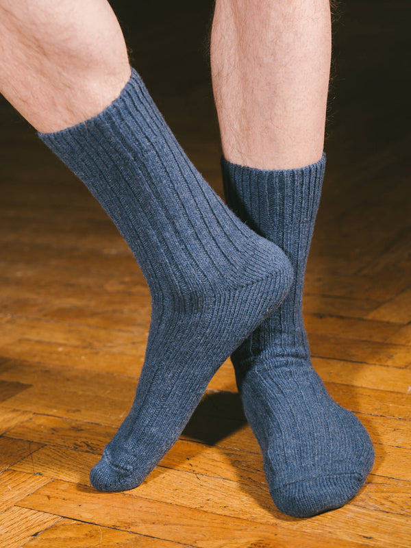 Pétrone chaussettes chaudes côtelées laine mérinos bleu jeans homme