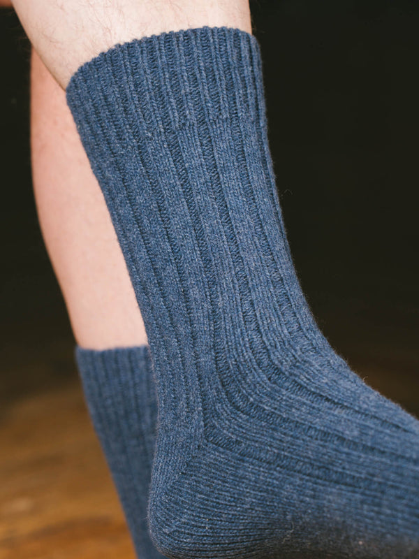 Pétrone chaussettes chaudes côtelées laine mérinos bleu jeans homme