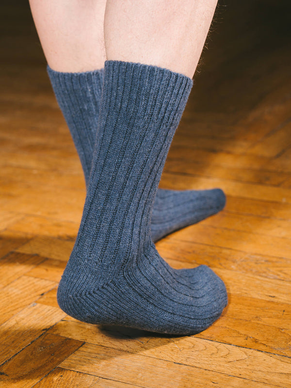 Pétrone chaussettes chaudes côtelées laine mérinos bleu jeans homme