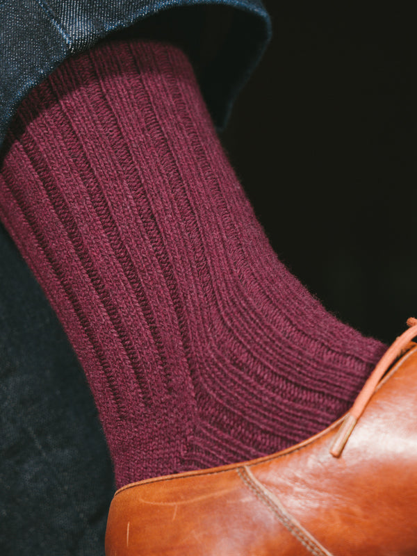 Pétrone chaussettes chaudes côtelées laine mérinos bordeaux foncé homme