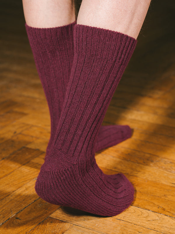 Pétrone chaussettes chaudes côtelées laine mérinos bordeaux foncé homme