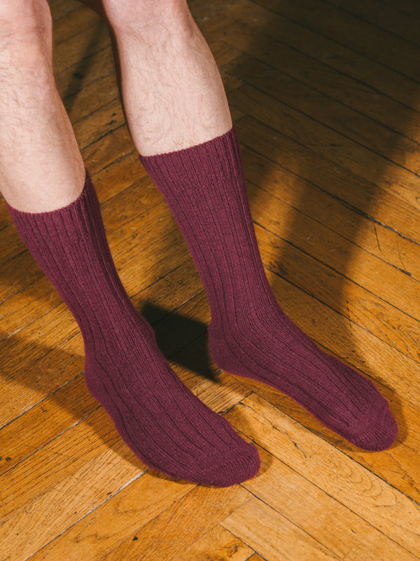 Pétrone chaussettes chaudes côtelées laine mérinos bordeaux foncé homme
