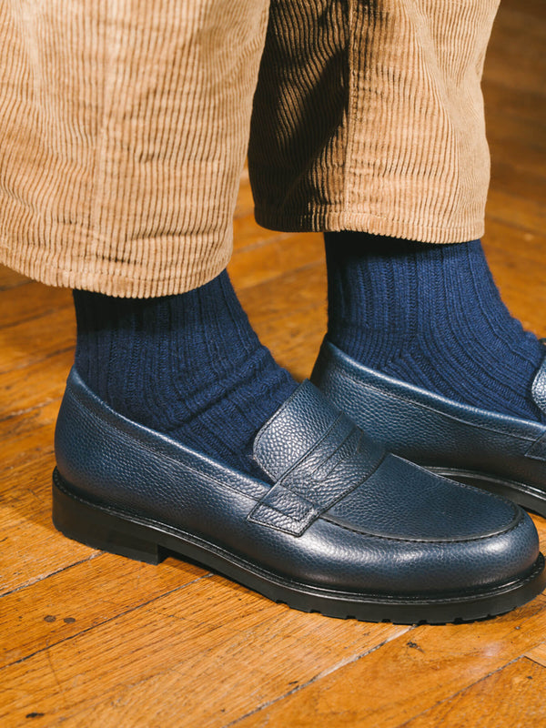 Pétrone chaussettes chaudes côtelées laine mérinos bleu marine homme