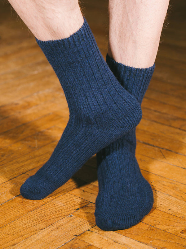 Pétrone chaussettes chaudes côtelées laine mérinos bleu marine homme