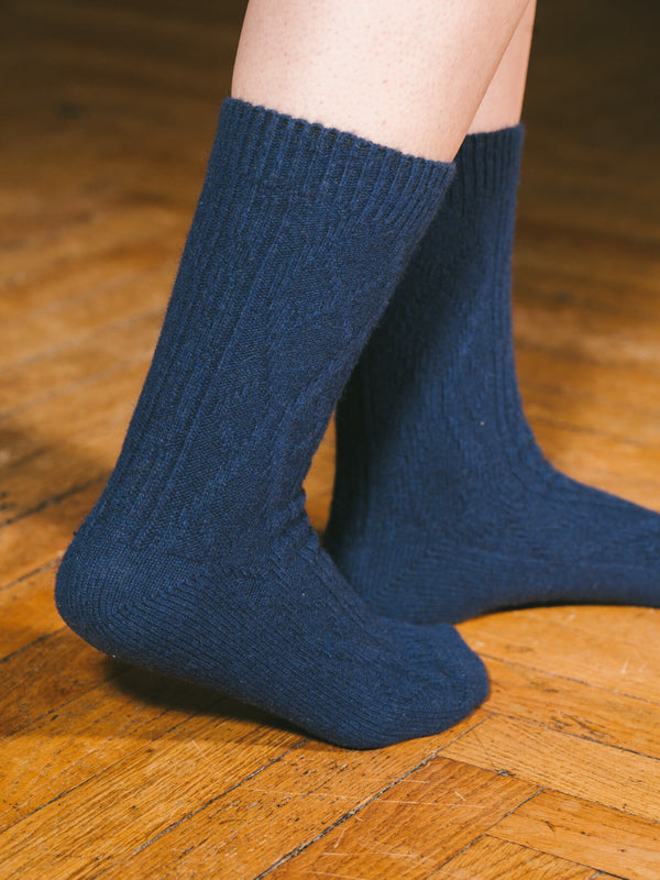 Pétrone chaussettes chaudes maille laine mérinos bleu marine femme