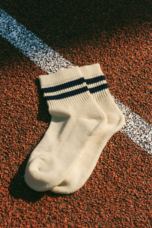 Pétrone chaussettes de tennis coton bio ecocoll écru rayé bleu femme