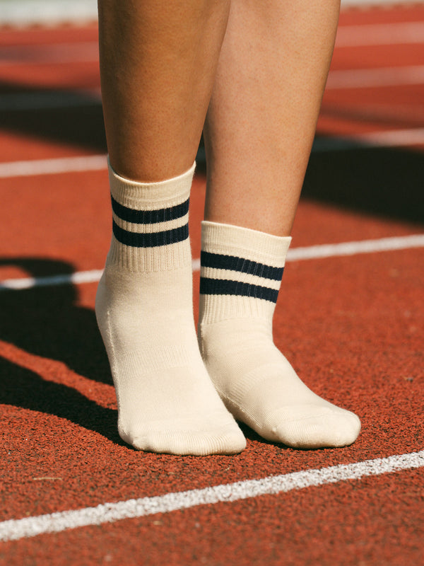 Pétrone chaussettes de tennis coton bio ecocoll écru rayé bleu femme