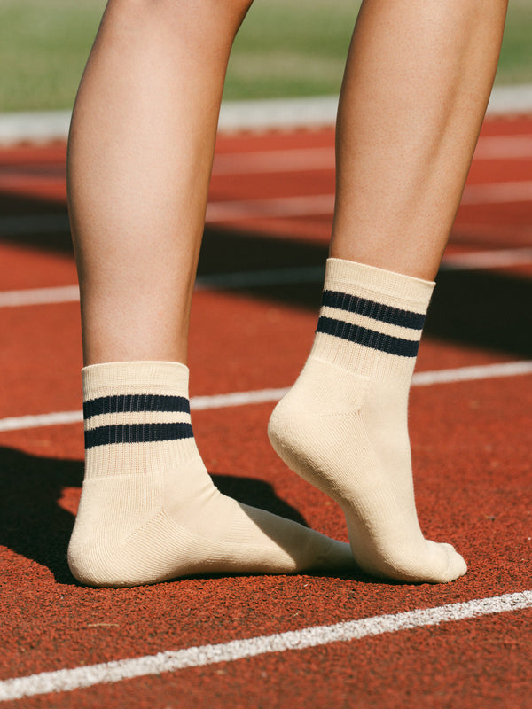 Pétrone chaussettes de tennis coton bio ecocoll écru rayé bleu femme