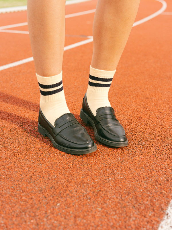 Pétrone chaussettes de tennis coton bio ecocoll écru rayé bleu femme