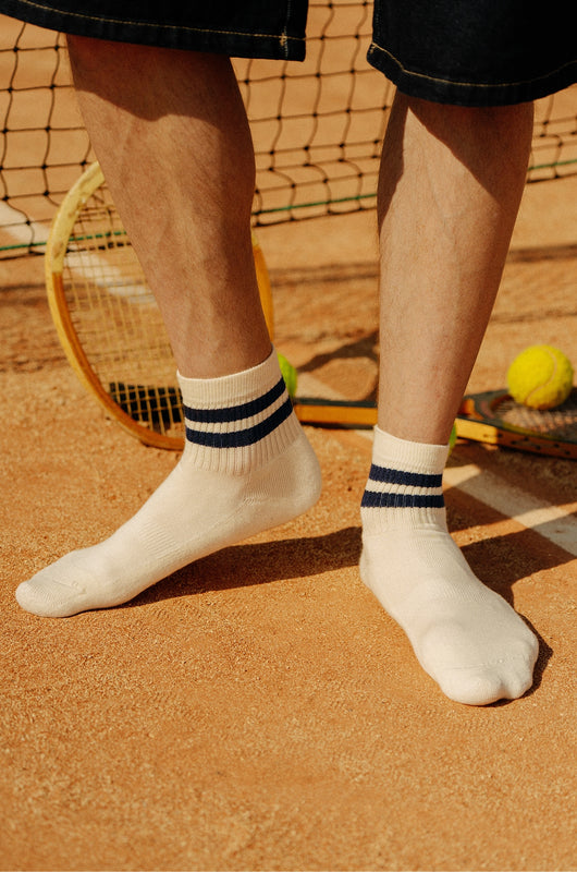 Pétrone chaussettes de tennis coton bio ecocell écru rayé marine homme