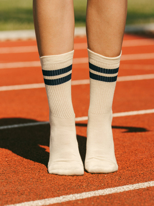 Pétrone chaussettes de tennis coton bio ecocell écru rayé bleu maribne femme