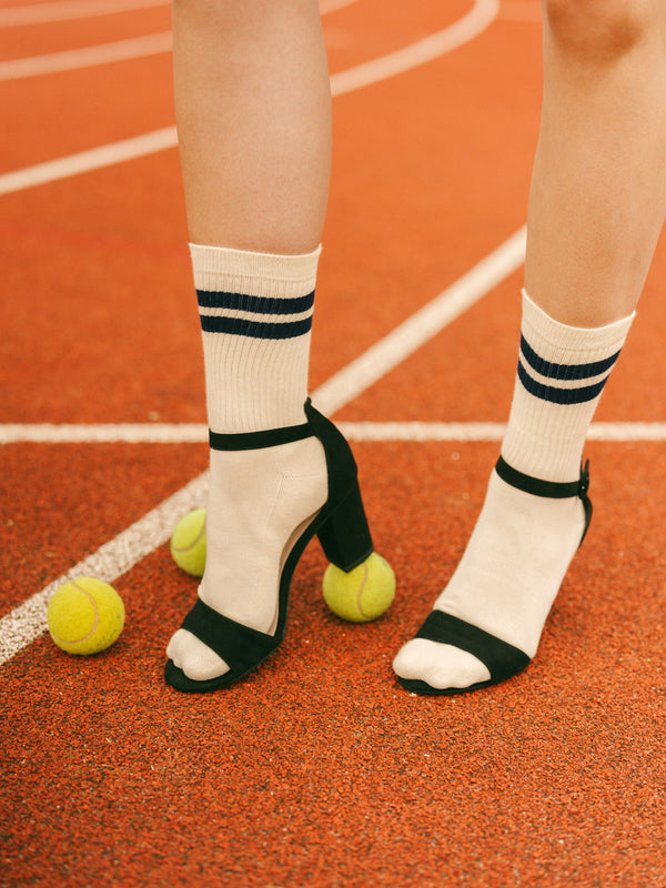Pétrone chaussettes de tennis coton bio ecocell écru rayé bleu maribne femme