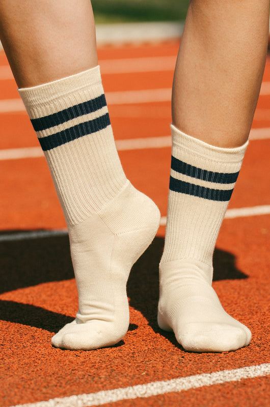 Pétrone chaussettes de tennis coton bio ecocell femme écru rayé bleu marine