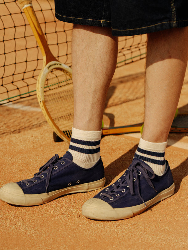 Pétrone chaussettes de tennis coton bio ecocell écru rayé bleu marine homme