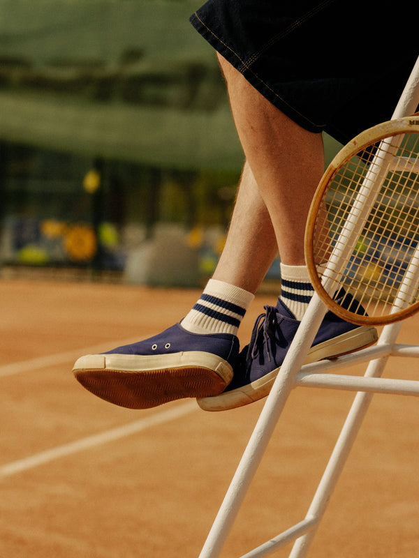 Pétrone chaussettes de tennis coton bio ecocell écru rayé bleu marine homme