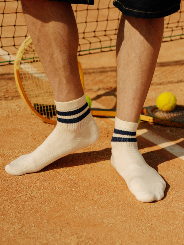 Pétrone chaussettes de tennis coton bio ecocell écru rayé bleu marine homme