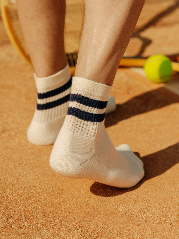 Pétrone chaussettes de tennis coton bio ecocell écru rayé bleu marine homme