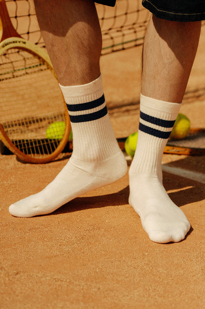 Pétrone chaussettes de tennis coton bio ecocell écru rayé marine homme