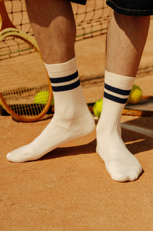 Pétrone chaussettes de tennis coton bio ecocell écru rayé marine homme