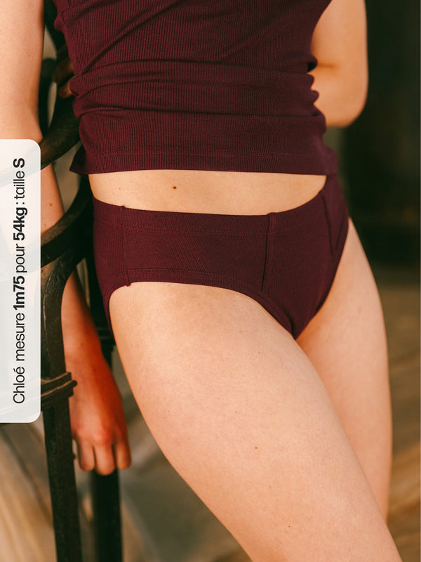 Pétrone culotte côtelée femme confortable coton biologique tencel lyocell bordeaux foncé