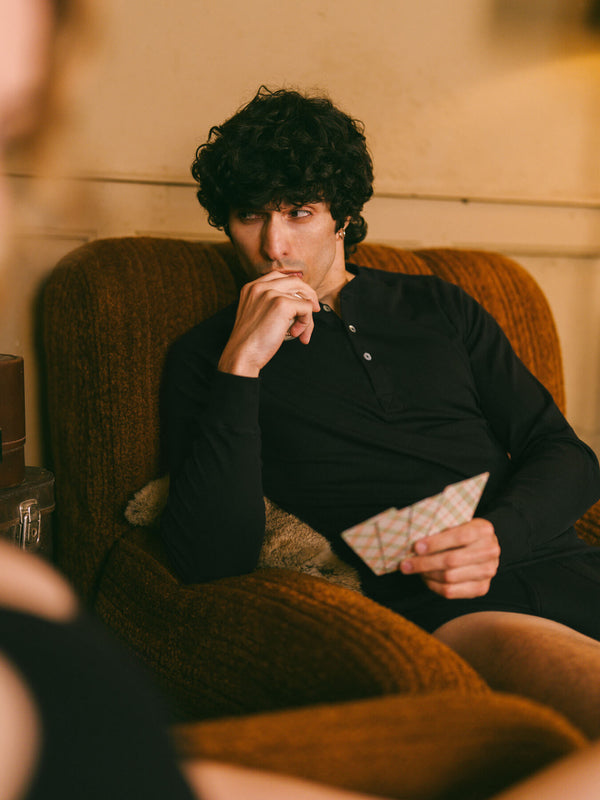 Pétrone henley côtelé homme manches longues confortable coton biologique tencel lyocell noir