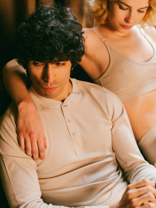 Pétrone henley côtelé homme manches longues confortable coton biologique tencel lyocell beige
