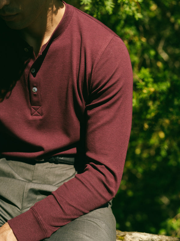 Pétrone henley côtelé homme manches longues confortable coton biologique tencel lyocell bordeaux foncé
