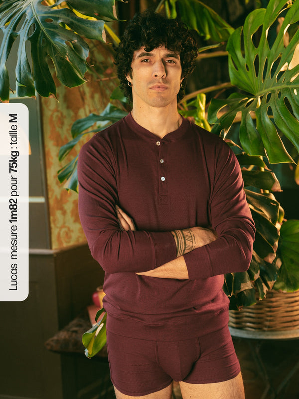 Pétrone henley côtelé homme manches longues confortable coton biologique tencel lyocell bordeaux foncé